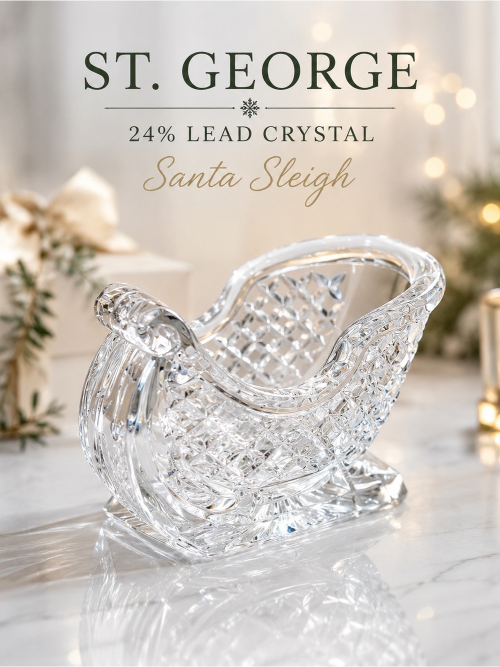 St. George 24% Lead Crystal Santa Sleigh Candy Dish Christmas Decor